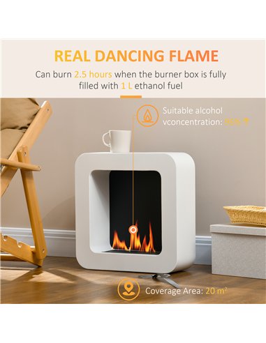 HOMCOM Wall Mounted Ethanol Fireplace, Bioethanol Heater Stove Fire with 1L Tank, 2.5 Hour Burning Time, White