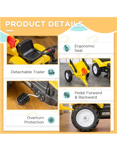 HOMCOM Kids Ride on Tractor with Back Trailer, Shovel & Rake, Horn, Four Wheels Tractor Toy for Child Toddler