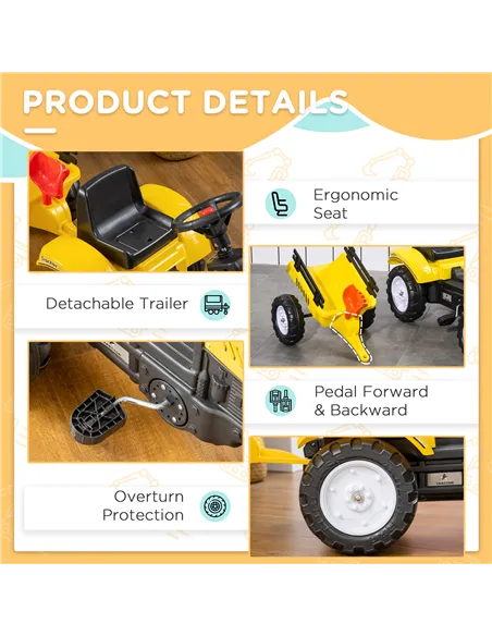 HOMCOM Kids Ride on Tractor with Back Trailer, Shovel & Rake, Horn, Four Wheels Tractor Toy for Child Toddler
