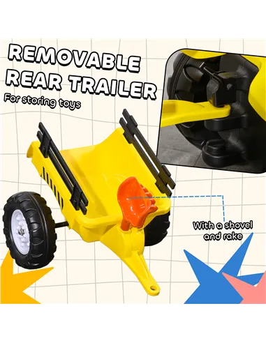 HOMCOM Kids Ride on Tractor with Back Trailer, Shovel & Rake, Horn, Four Wheels Tractor Toy for Child Toddler