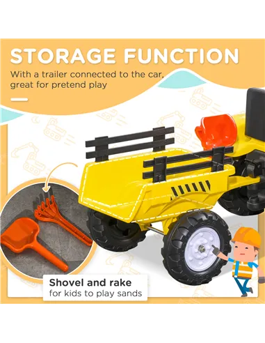 HOMCOM Kids Ride on Tractor with Back Trailer, Shovel & Rake, Horn, Four Wheels Tractor Toy for Child Toddler
