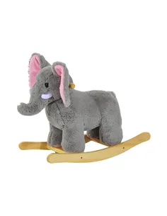 HOMCOM Kids Children Rocking Horse Plush Ride on Animal Wooden Riding Traditional Rocker Gift w/32 nursery rhymes (Grey Elephant
