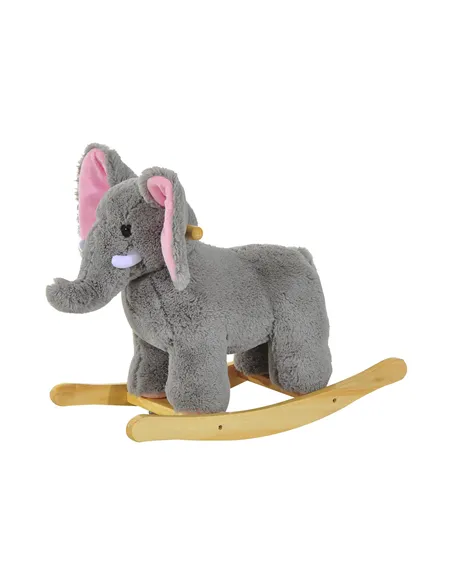 HOMCOM Kids Children Rocking Horse Plush Ride on Animal Wooden Riding Traditional Rocker Gift w/32 nursery rhymes (Grey Elephant