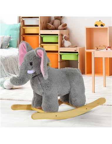 HOMCOM Kids Children Rocking Horse Plush Ride on Animal Wooden Riding Traditional Rocker Gift w/32 nursery rhymes (Grey Elephant