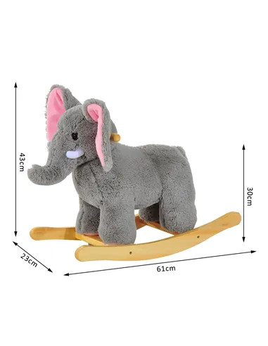 HOMCOM Kids Children Rocking Horse Plush Ride on Animal Wooden Riding Traditional Rocker Gift w/32 nursery rhymes (Grey Elephant