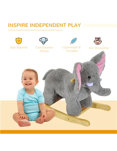 HOMCOM Kids Children Rocking Horse Plush Ride on Animal Wooden Riding Traditional Rocker Gift w/32 nursery rhymes (Grey Elephant