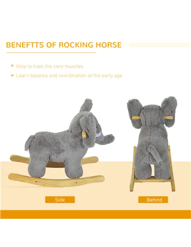HOMCOM Kids Children Rocking Horse Plush Ride on Animal Wooden Riding Traditional Rocker Gift w/32 nursery rhymes (Grey Elephant