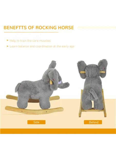 HOMCOM Kids Children Rocking Horse Plush Ride on Animal Wooden Riding Traditional Rocker Gift w/32 nursery rhymes (Grey Elephant