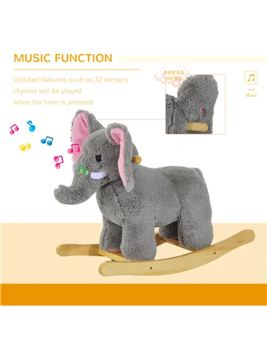 HOMCOM Kids Children Rocking Horse Plush Ride on Animal Wooden Riding Traditional Rocker Gift w/32 nursery rhymes (Grey Elephant
