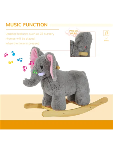 HOMCOM Kids Children Rocking Horse Plush Ride on Animal Wooden Riding Traditional Rocker Gift w/32 nursery rhymes (Grey Elephant