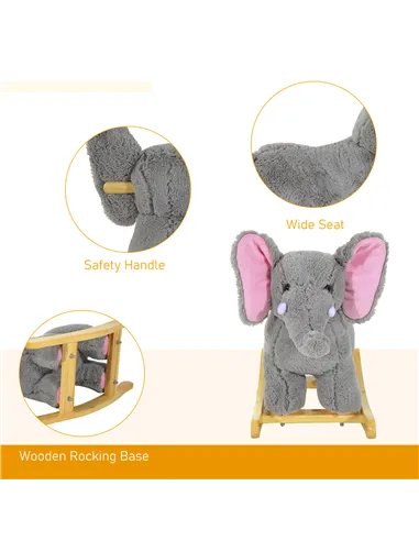 HOMCOM Kids Children Rocking Horse Plush Ride on Animal Wooden Riding Traditional Rocker Gift w/32 nursery rhymes (Grey Elephant