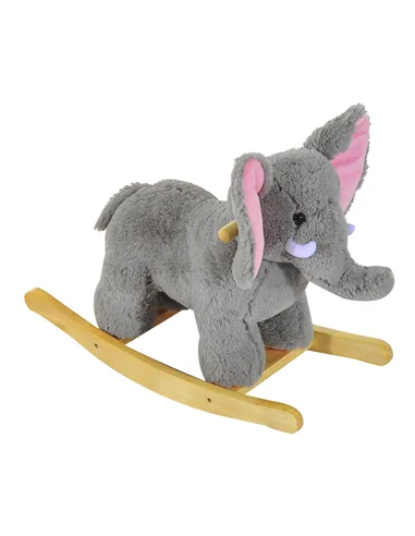 HOMCOM Kids Children Rocking Horse Plush Ride on Animal Wooden Riding Traditional Rocker Gift w/32 nursery rhymes (Grey Elephant