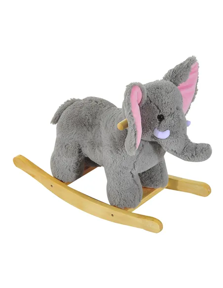 HOMCOM Kids Children Rocking Horse Plush Ride on Animal Wooden Riding Traditional Rocker Gift w/32 nursery rhymes (Grey Elephant