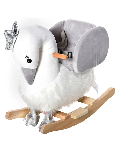 HOMCOM Kids Children Rocking Horse Plush Ride On Swan w/ Sound Wood Base Seat Safety Belt Toddler Baby Toy Rocker 18 - 36 Months