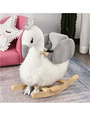 HOMCOM Kids Children Rocking Horse Plush Ride On Swan w/ Sound Wood Base Seat Safety Belt Toddler Baby Toy Rocker 18 - 36 Months