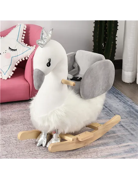 HOMCOM Kids Children Rocking Horse Plush Ride On Swan w/ Sound Wood Base Seat Safety Belt Toddler Baby Toy Rocker 18 - 36 Months