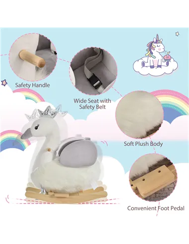 HOMCOM Kids Children Rocking Horse Plush Ride On Swan w/ Sound Wood Base Seat Safety Belt Toddler Baby Toy Rocker 18 - 36 Months