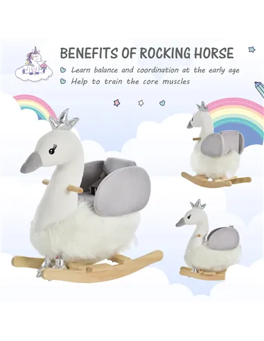 HOMCOM Kids Children Rocking Horse Plush Ride On Swan w/ Sound Wood Base Seat Safety Belt Toddler Baby Toy Rocker 18 - 36 Months