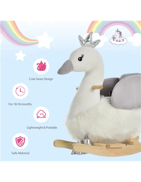 HOMCOM Kids Children Rocking Horse Plush Ride On Swan w/ Sound Wood Base Seat Safety Belt Toddler Baby Toy Rocker 18 - 36 Months