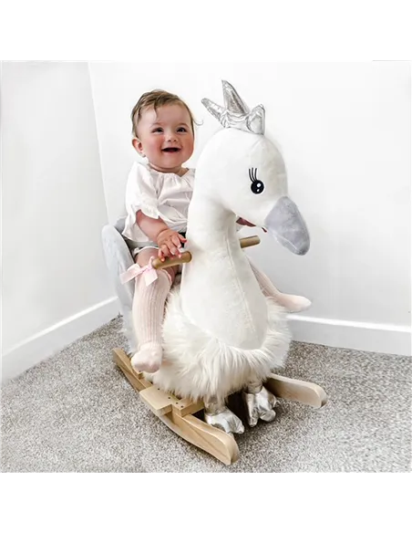 HOMCOM Kids Children Rocking Horse Plush Ride On Swan w/ Sound Wood Base Seat Safety Belt Toddler Baby Toy Rocker 18 - 36 Months