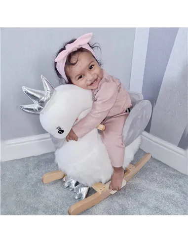 HOMCOM Kids Children Rocking Horse Plush Ride On Swan w/ Sound Wood Base Seat Safety Belt Toddler Baby Toy Rocker 18 - 36 Months