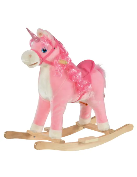 HOMCOM Kids Plush Rocking Horse Ride On Unicorn w/ Sound Moving Mouth Wagging Tail Children Rocker Toy Gift 3-6 Years Pink