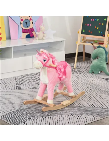 HOMCOM Kids Plush Rocking Horse Ride On Unicorn w/ Sound Moving Mouth Wagging Tail Children Rocker Toy Gift 3-6 Years Pink