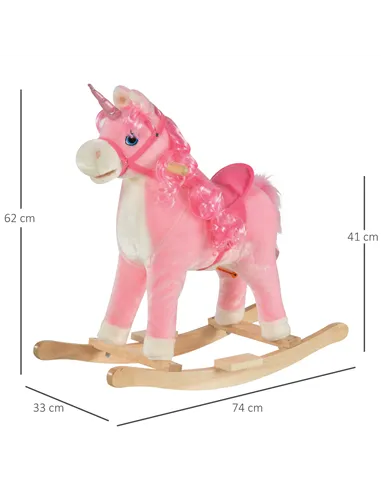 HOMCOM Kids Plush Rocking Horse Ride On Unicorn w/ Sound Moving Mouth Wagging Tail Children Rocker Toy Gift 3-6 Years Pink