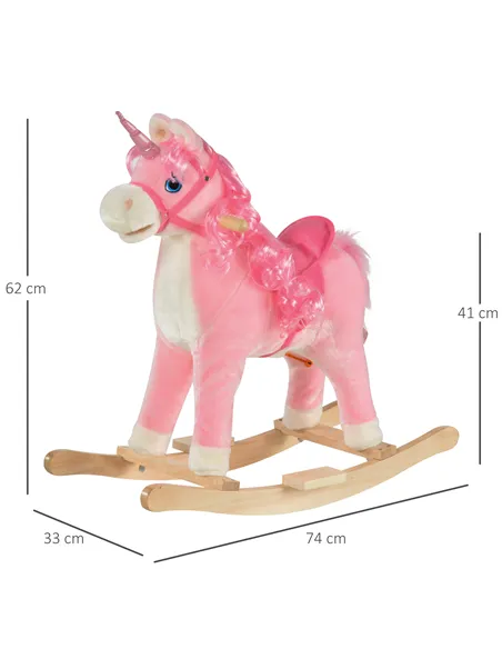 HOMCOM Kids Plush Rocking Horse Ride On Unicorn w/ Sound Moving Mouth Wagging Tail Children Rocker Toy Gift 3-6 Years Pink