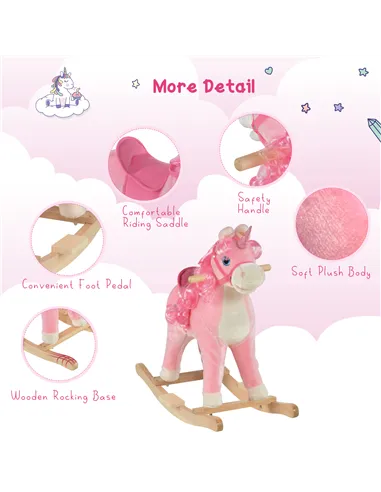 HOMCOM Kids Plush Rocking Horse Ride On Unicorn w/ Sound Moving Mouth Wagging Tail Children Rocker Toy Gift 3-6 Years Pink