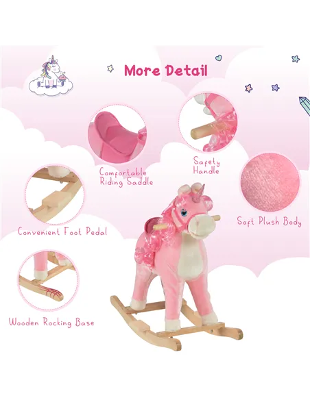 HOMCOM Kids Plush Rocking Horse Ride On Unicorn w/ Sound Moving Mouth Wagging Tail Children Rocker Toy Gift 3-6 Years Pink