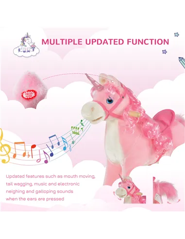HOMCOM Kids Plush Rocking Horse Ride On Unicorn w/ Sound Moving Mouth Wagging Tail Children Rocker Toy Gift 3-6 Years Pink