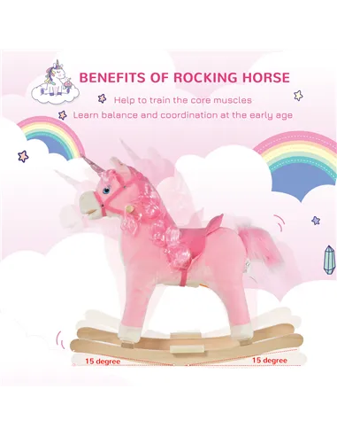 HOMCOM Kids Plush Rocking Horse Ride On Unicorn w/ Sound Moving Mouth Wagging Tail Children Rocker Toy Gift 3-6 Years Pink