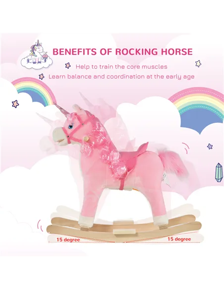 HOMCOM Kids Plush Rocking Horse Ride On Unicorn w/ Sound Moving Mouth Wagging Tail Children Rocker Toy Gift 3-6 Years Pink