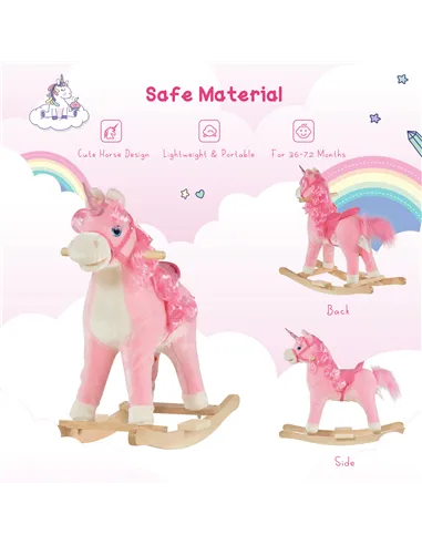 HOMCOM Kids Plush Rocking Horse Ride On Unicorn w/ Sound Moving Mouth Wagging Tail Children Rocker Toy Gift 3-6 Years Pink