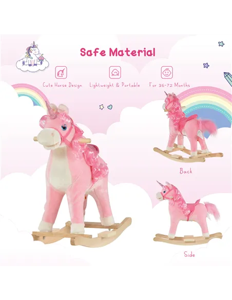 HOMCOM Kids Plush Rocking Horse Ride On Unicorn w/ Sound Moving Mouth Wagging Tail Children Rocker Toy Gift 3-6 Years Pink