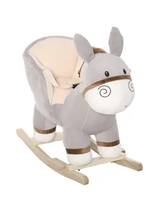 HOMCOM Kids Children Rocking Horse Plush Ride On Donkey Seat w/ Sound Wood Base Seat Safety Belt Toddler Baby Toy Rocker Grey 18