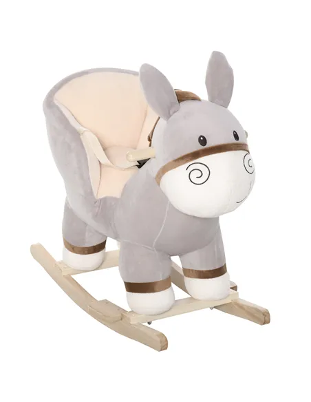 HOMCOM Kids Children Rocking Horse Plush Ride On Donkey Seat w/ Sound Wood Base Seat Safety Belt Toddler Baby Toy Rocker Grey 18