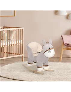 HOMCOM Kids Children Rocking Horse Plush Ride On Donkey Seat w/ Sound Wood Base Seat Safety Belt Toddler Baby Toy Rocker Grey 18 2
