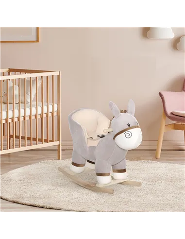 HOMCOM Kids Children Rocking Horse Plush Ride On Donkey Seat w/ Sound Wood Base Seat Safety Belt Toddler Baby Toy Rocker Grey 18