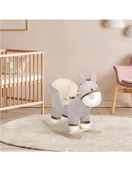 HOMCOM Kids Children Rocking Horse Plush Ride On Donkey Seat w/ Sound Wood Base Seat Safety Belt Toddler Baby Toy Rocker Grey 18