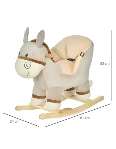 HOMCOM Kids Children Rocking Horse Plush Ride On Donkey Seat w/ Sound Wood Base Seat Safety Belt Toddler Baby Toy Rocker Grey 18
