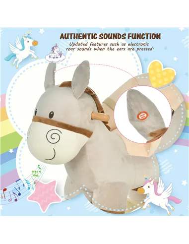 HOMCOM Kids Children Rocking Horse Plush Ride On Donkey Seat w/ Sound Wood Base Seat Safety Belt Toddler Baby Toy Rocker Grey 18