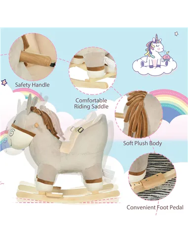 HOMCOM Kids Children Rocking Horse Plush Ride On Donkey Seat w/ Sound Wood Base Seat Safety Belt Toddler Baby Toy Rocker Grey 18