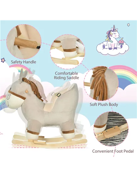 HOMCOM Kids Children Rocking Horse Plush Ride On Donkey Seat w/ Sound Wood Base Seat Safety Belt Toddler Baby Toy Rocker Grey 18