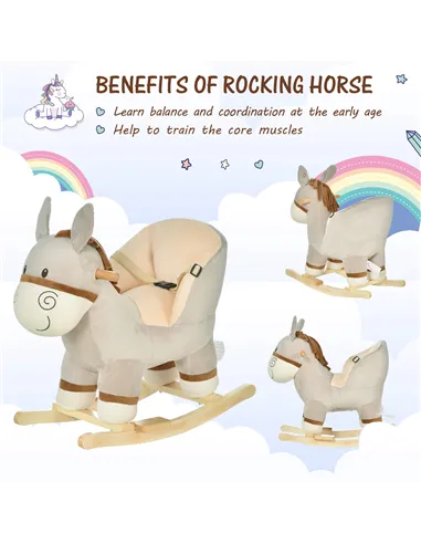 HOMCOM Kids Children Rocking Horse Plush Ride On Donkey Seat w/ Sound Wood Base Seat Safety Belt Toddler Baby Toy Rocker Grey 18