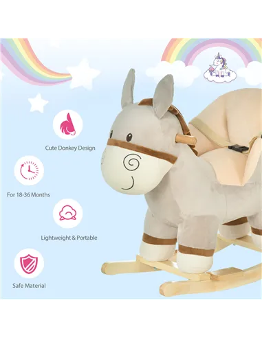 HOMCOM Kids Children Rocking Horse Plush Ride On Donkey Seat w/ Sound Wood Base Seat Safety Belt Toddler Baby Toy Rocker Grey 18
