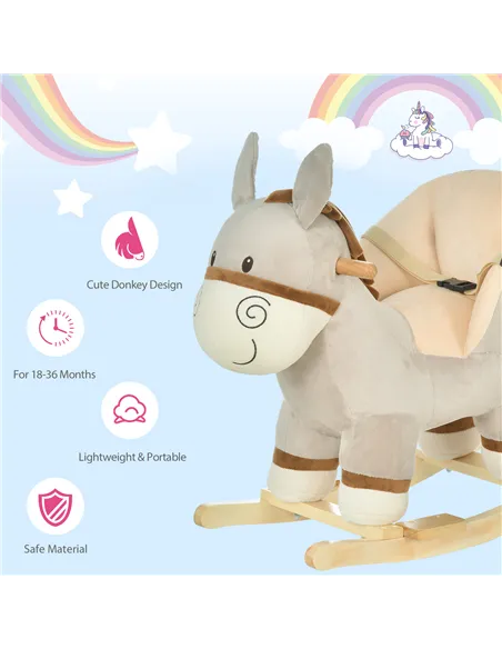 HOMCOM Kids Children Rocking Horse Plush Ride On Donkey Seat w/ Sound Wood Base Seat Safety Belt Toddler Baby Toy Rocker Grey 18