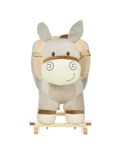 HOMCOM Kids Children Rocking Horse Plush Ride On Donkey Seat w/ Sound Wood Base Seat Safety Belt Toddler Baby Toy Rocker Grey 18