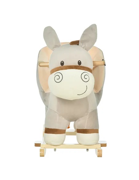 HOMCOM Kids Children Rocking Horse Plush Ride On Donkey Seat w/ Sound Wood Base Seat Safety Belt Toddler Baby Toy Rocker Grey 18